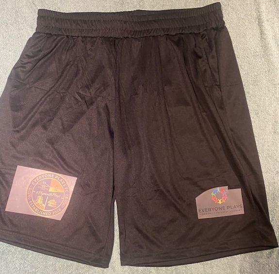 Kit shorts, showing the crest and Everyone Plays branding